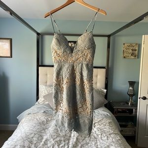 Luxxel Layla in Lace Dress Baby Blue Beige Lace Overlay Small Light Stretch